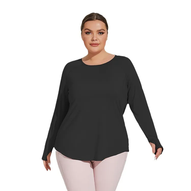 Avery Plus Size Long Sleeve Laser Cut Stretch Knit T-Shirt workout tops and t-shirts Castello Clothing Line