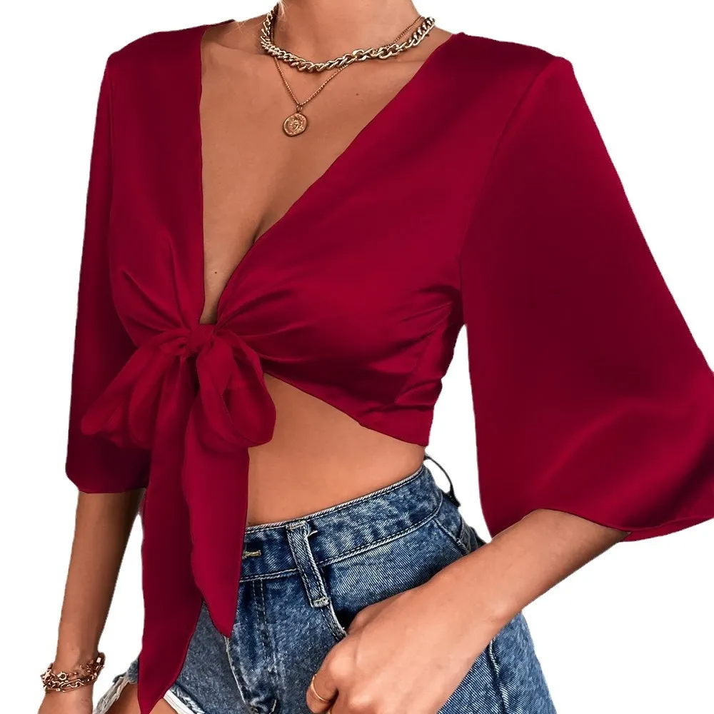 Vivid Temptation Satin Tie-Front Crop Top Castello Clothing Line