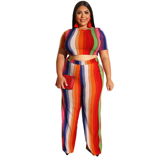 Plus Size 2-Piece Stripe Top & Wide Leg Pants Set  Castello Clothing Line   