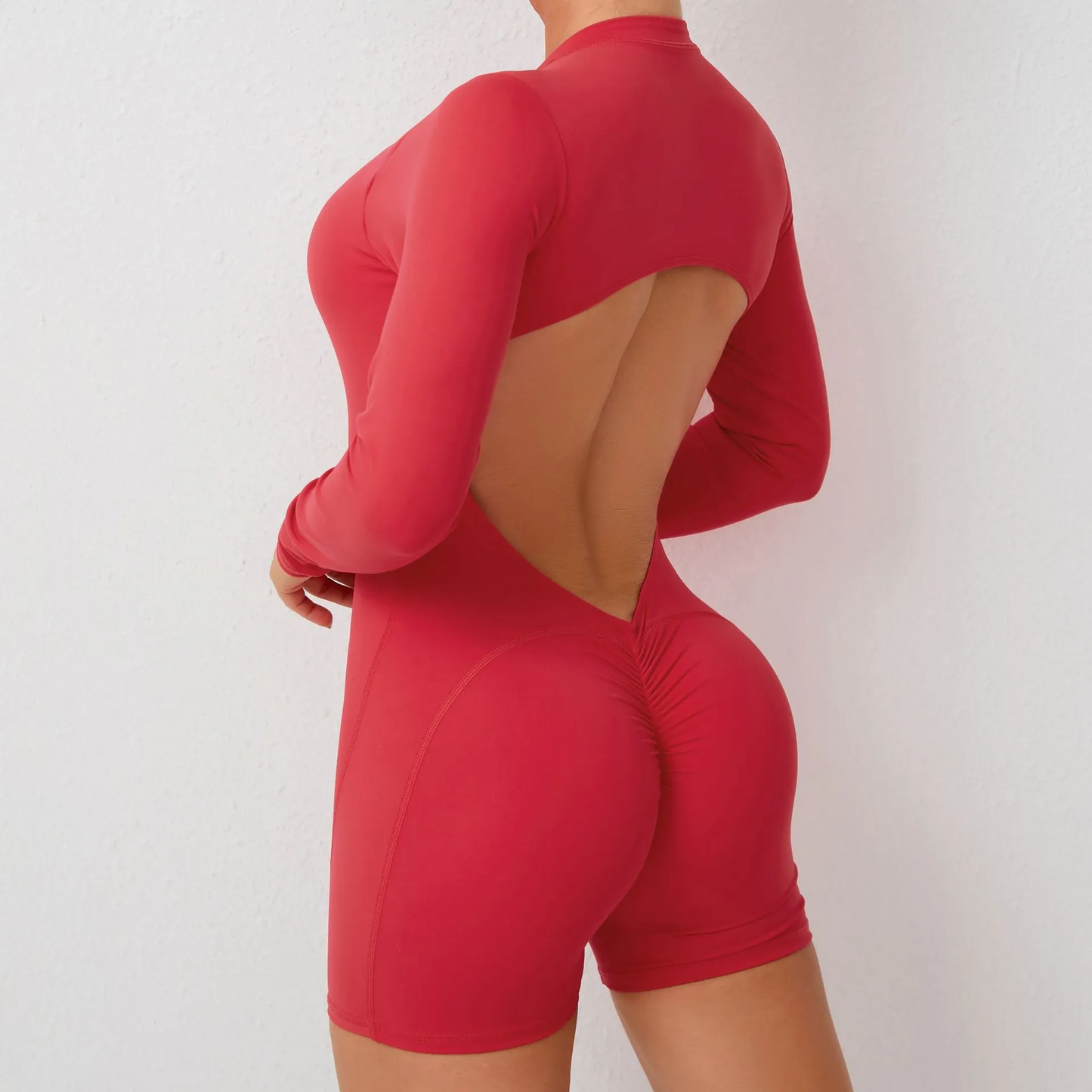 Mira Long Sleeve Open Back Scrunch Butt Short Jumpsuit athletic rompers Castello Clothing Line