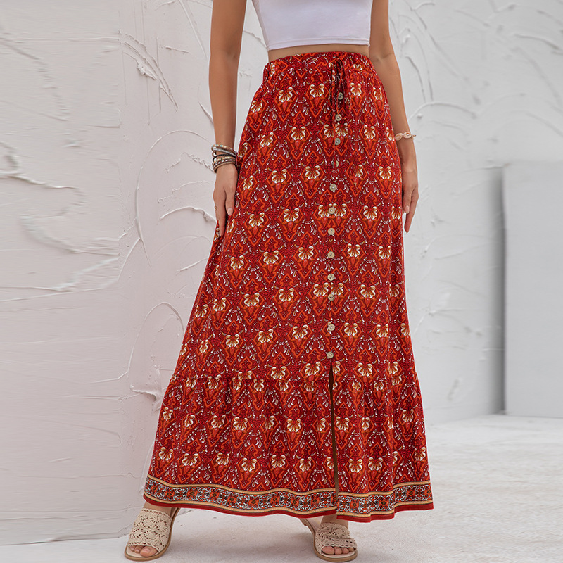 Bohemian Floral Maxi Skirt with High Waist  Castello Clothing Line   