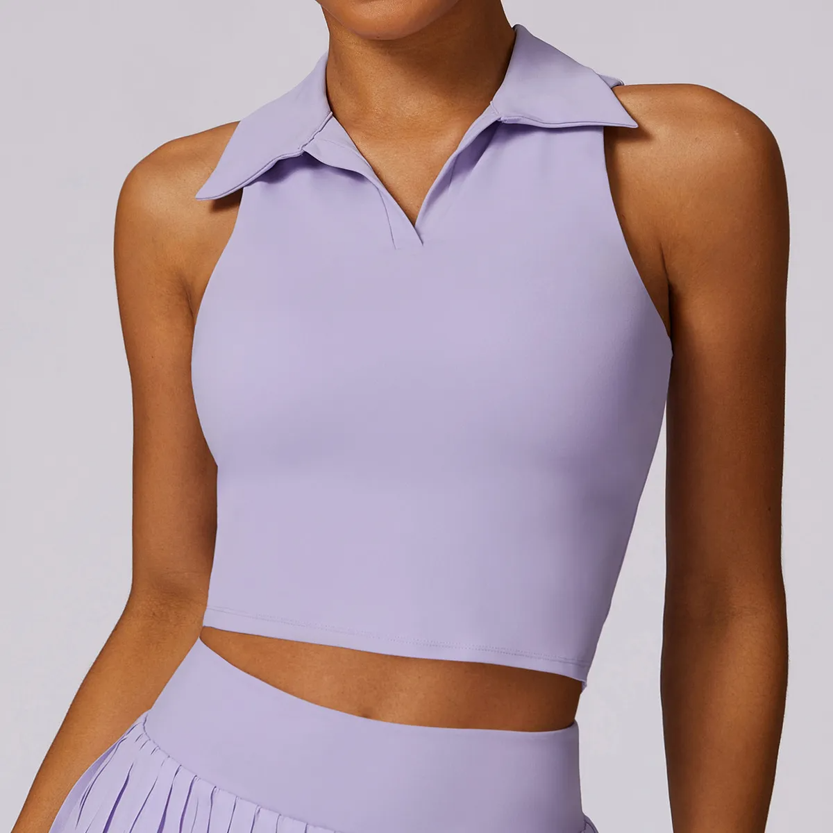 Haya Sleeveless Collared V-Neck Cropped Tank Top workout tops and t-shirts Castello Clothing Line