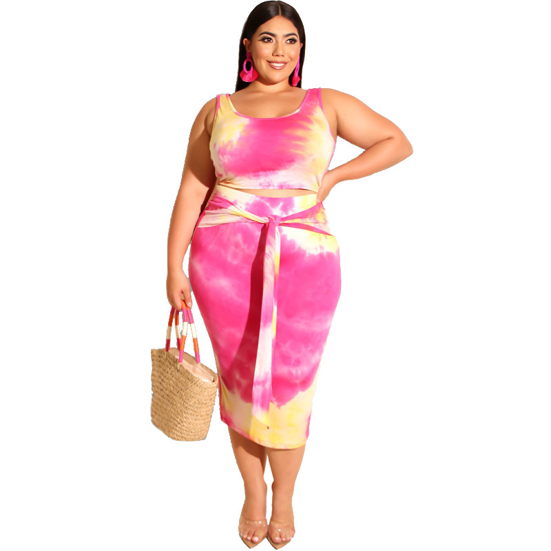 Plus Size Tie Dye Tank Top & Skirt Set - Sleeveless & Front Tie Midi Skirt in Polyester  Castello Clothing Line   