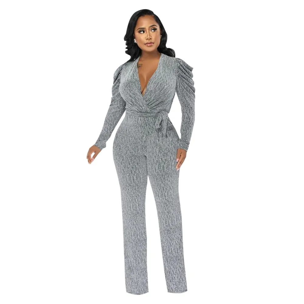 Lexi Ruched Long Sleeve Surplice Knit Jumpsuit women jumpsuits Castello Clothing Line