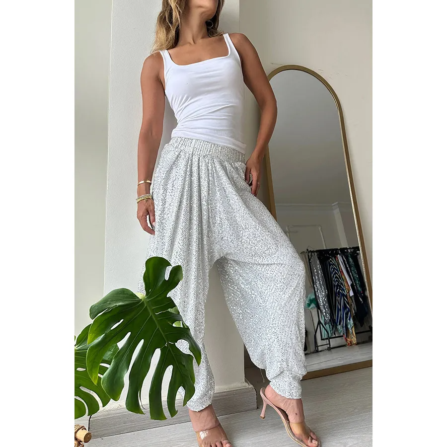 Lylah Sequin High-Waisted Draped Harem Pants Castello Clothing Line