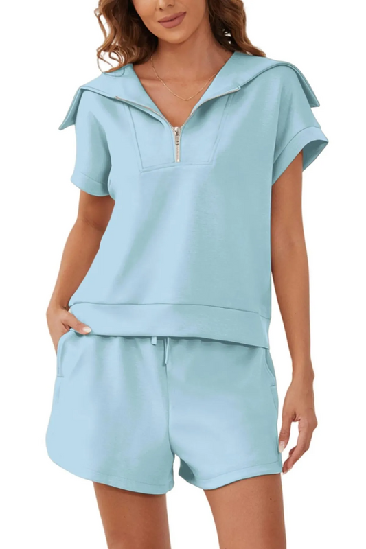 Spree Zip-Up Collared Top & Drawstring Shorts Set  Castello Clothing Line   