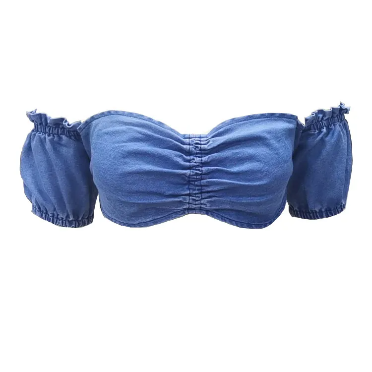Lyric Denim Off-Shoulder Ruched Crop Top  Castello Clothing Line   