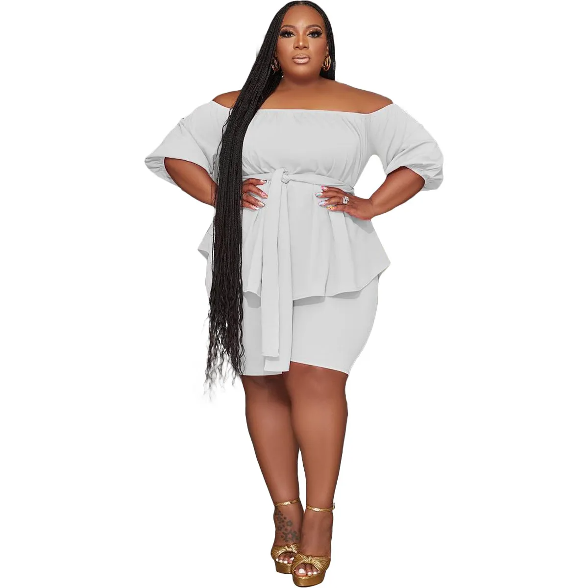 Blaze Plus Size Off-Shoulder Belted Top and Shorts Set  Castello Clothing Line   