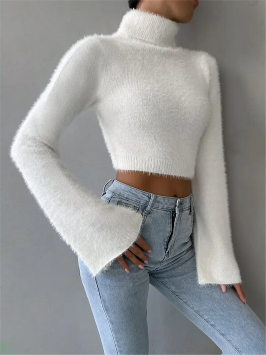Show Off Fluffy Turtleneck Bell Sleeve Cropped Sweater Castello Clothing Line