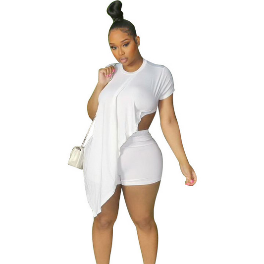 Flare Flow Asymmetric Cutout Top & Fitted Shorts Set  Castello Clothing Line   