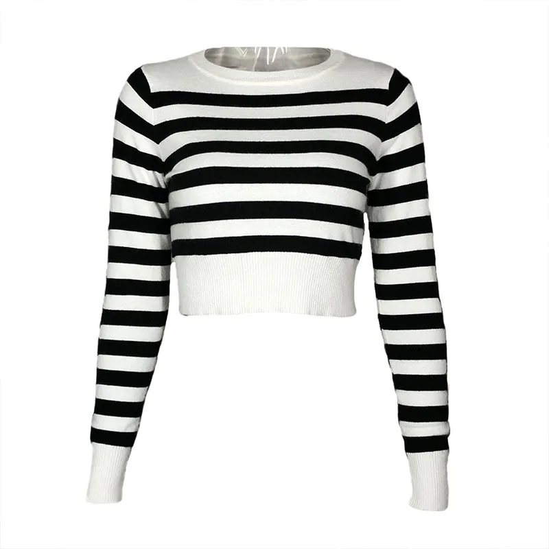 Drift Cropped Striped Long Sleeve Knit Sweater Castello Clothing Line