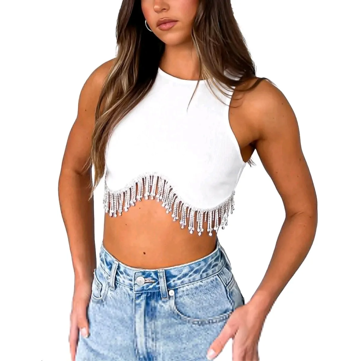 Fringe Fantasy High-Neck Cropped Tank  Castello Clothing Line   