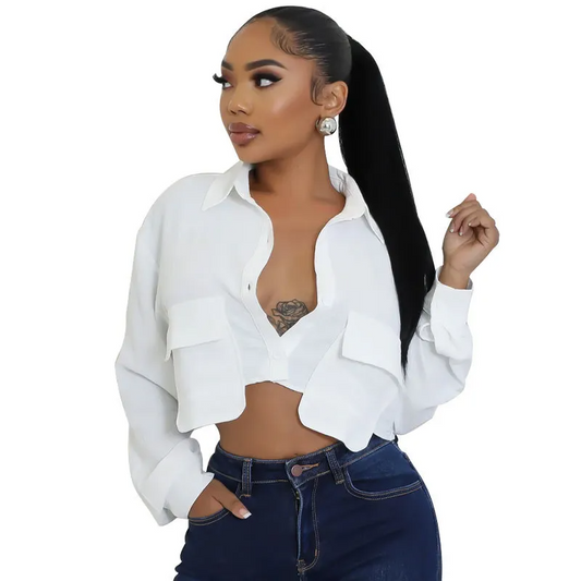 Game Changer Cropped Button-Up Long Sleeve Shirt Castello Clothing Line