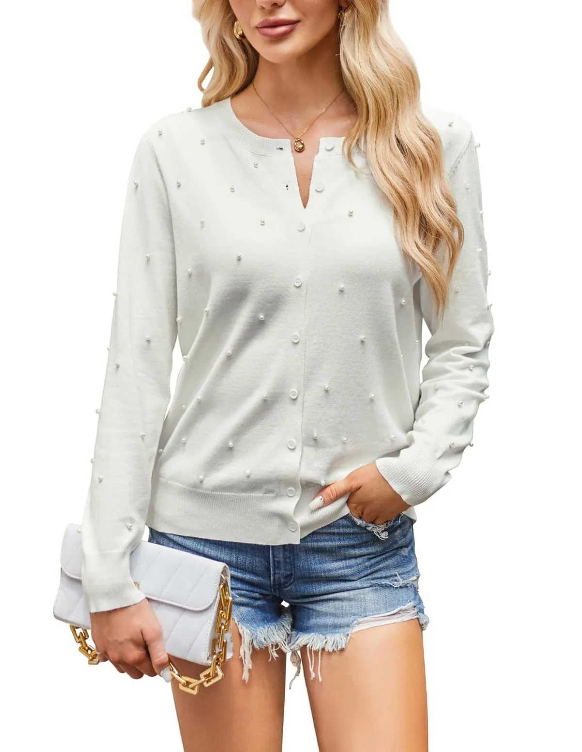 Orbit Button-Up Pearl Embellished Knit Cardigan Sweater Castello Clothing Line