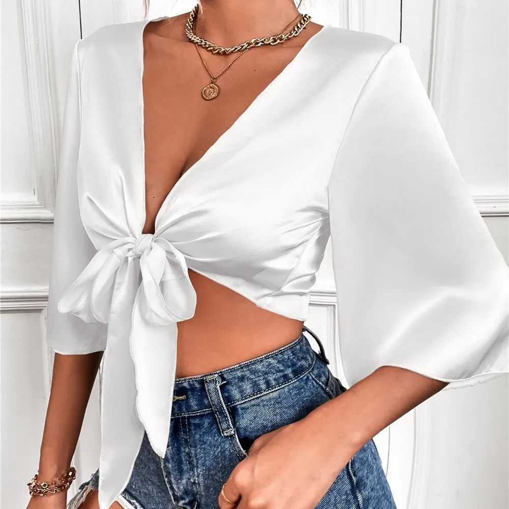Vivid Temptation Satin Tie-Front Crop Top Castello Clothing Line