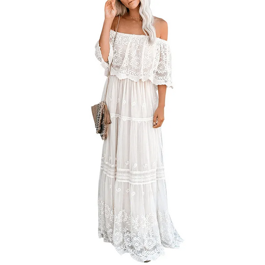 Adelina Off-Shoulder Lace Overlay Tiered Maxi Dress maxi dress Castello Clothing Line