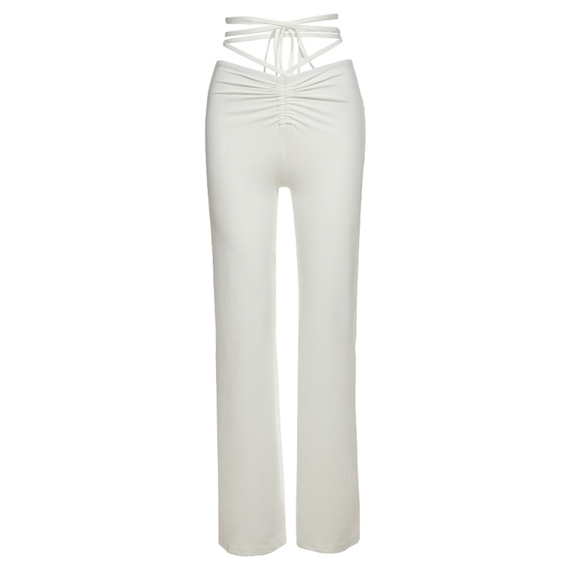 Leona Ruched High-Waisted Strappy Flare Pants Castello Clothing Line