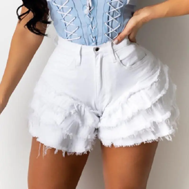 Rave High-Waist Layered Fringe Denim Shorts  Castello Clothing Line   