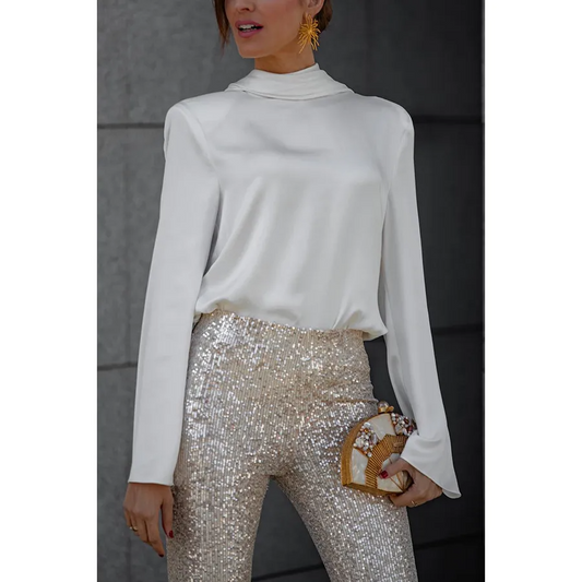 Sleek Escape High Neck Draped Back Long Sleeve Blouse Castello Clothing Line