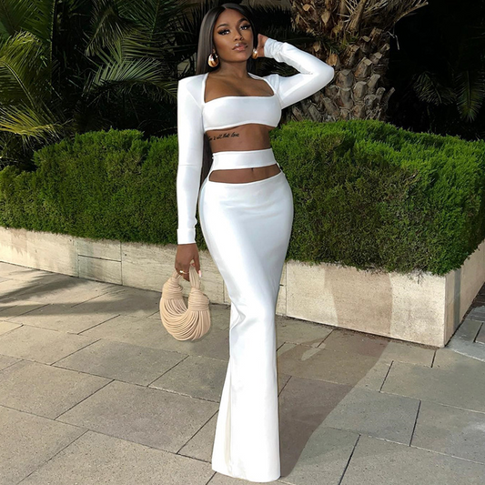 Elegant Long Sleeve Crop Top & Cut Out Skirt Set  Castello Clothing Line   
