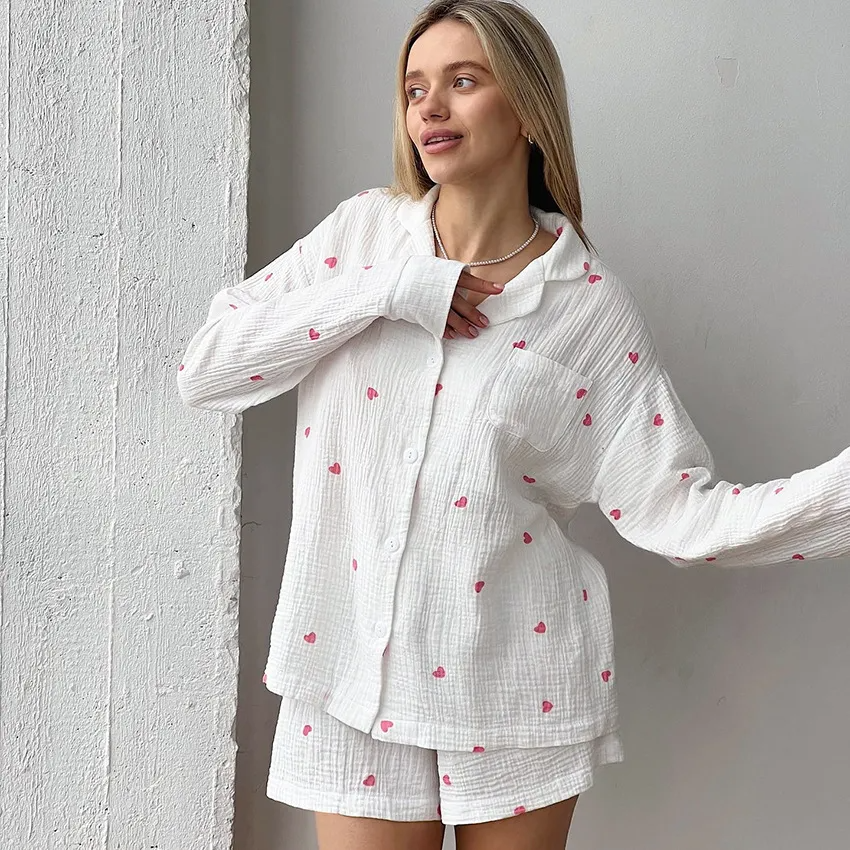 Heartbreaker Button-Up Crinkle Pajama Lounge Set  Castello Clothing Line   