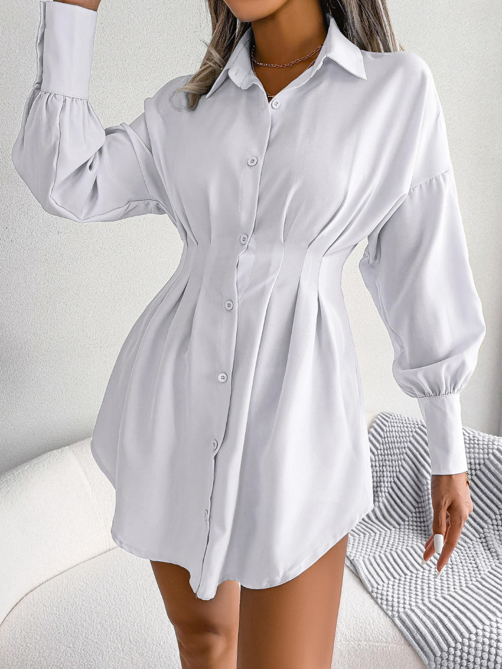 Lea Pleated Button-Up Collared Mini Shirt Dress Castello Clothing Line