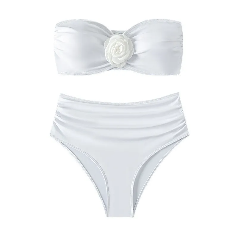 Tilia Ruched Bandeau Floral Applique High-Waist Bikini Set Castello Clothing Line