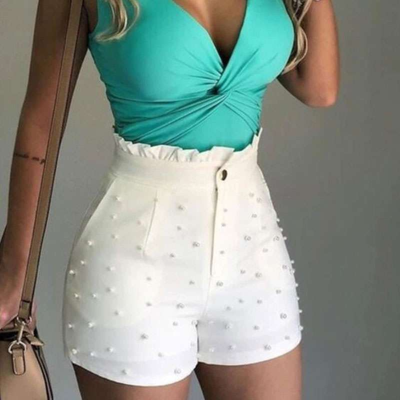 Charmette High-Waisted Ruffle Trim Pearl Embellished Shorts  Castello Clothing Line   