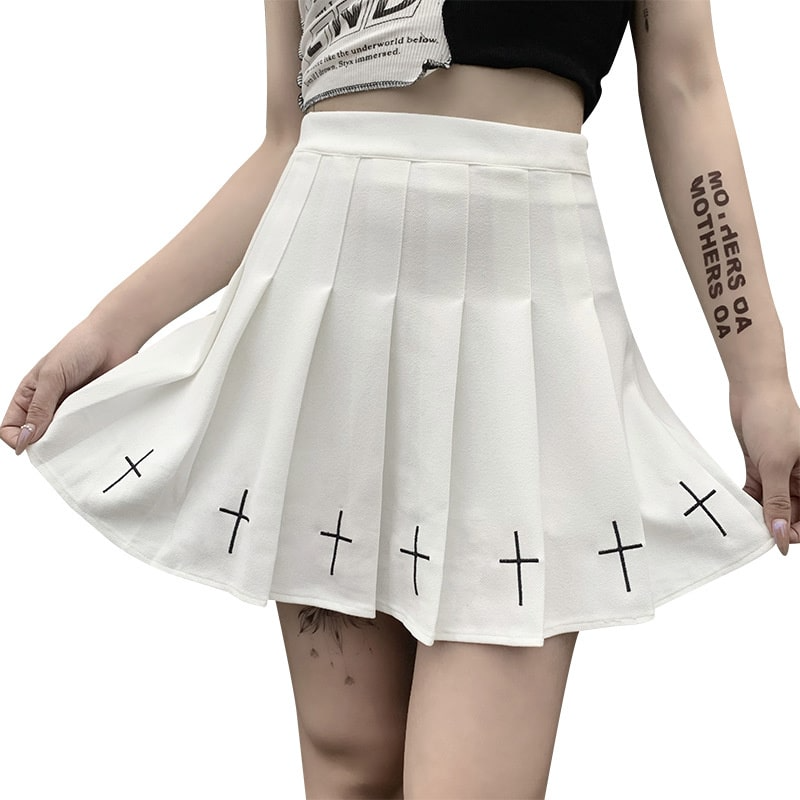 Gothic Cross High Waist Flare Mini Skirt  Castello Clothing Line   