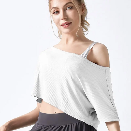 Gail Ribbed Asymmetrical Off Shoulder Short Sleeve Crop Top workout tops and t-shirts Castello Clothing Line