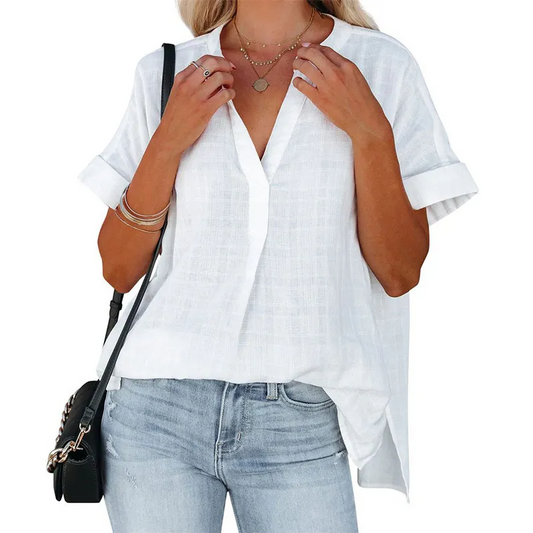 Reign Short Sleeve Textured Split V-Neck Blouse Castello Clothing Line