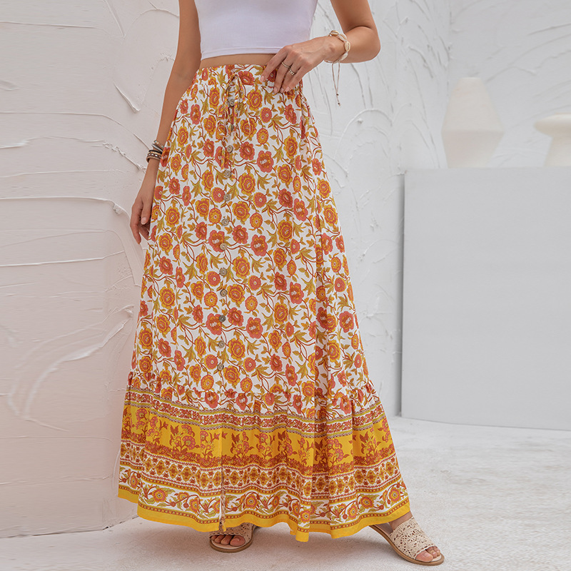 Bohemian Floral Maxi Skirt with High Waist  Castello Clothing Line   