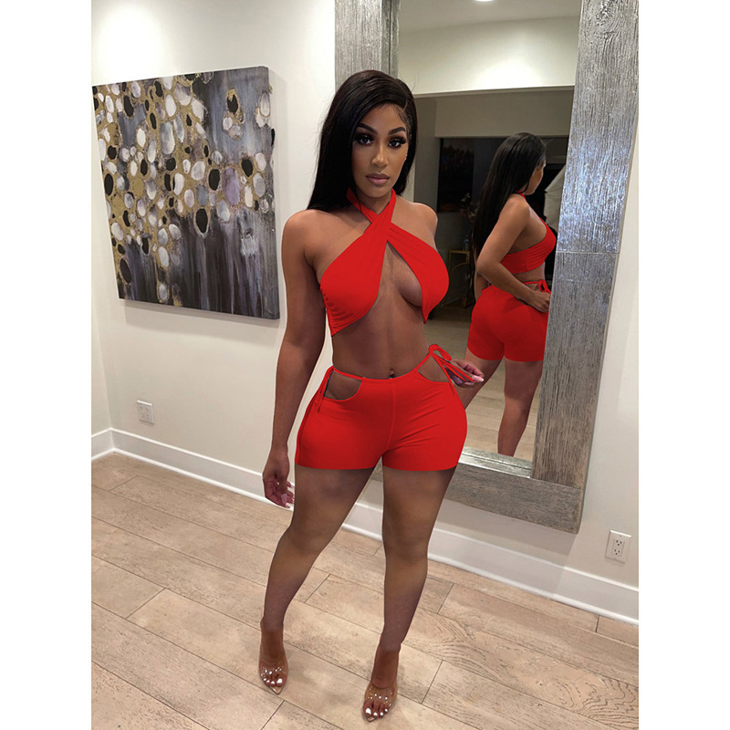 Vixen Crisscross Halter Cutout Tie Waist Shorts Set  Castello Clothing Line   