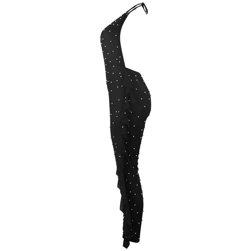 Tiffany Sheer Pearl Embellished Backless Halter Jumpsuit bodycon jumpsuit Castello Clothing Line