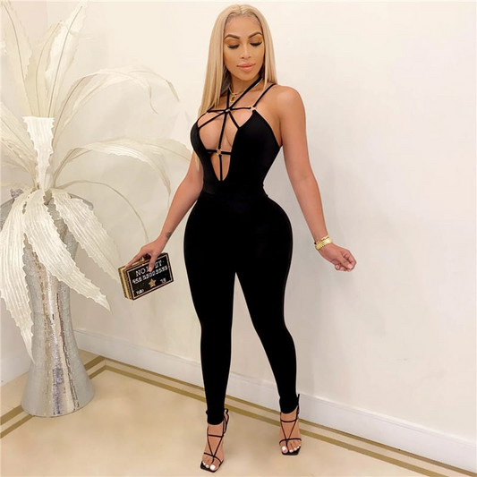 Janelle Strappy Cutout Halter Bodycon Jumpsuit women jumpsuits Castello Clothing Line