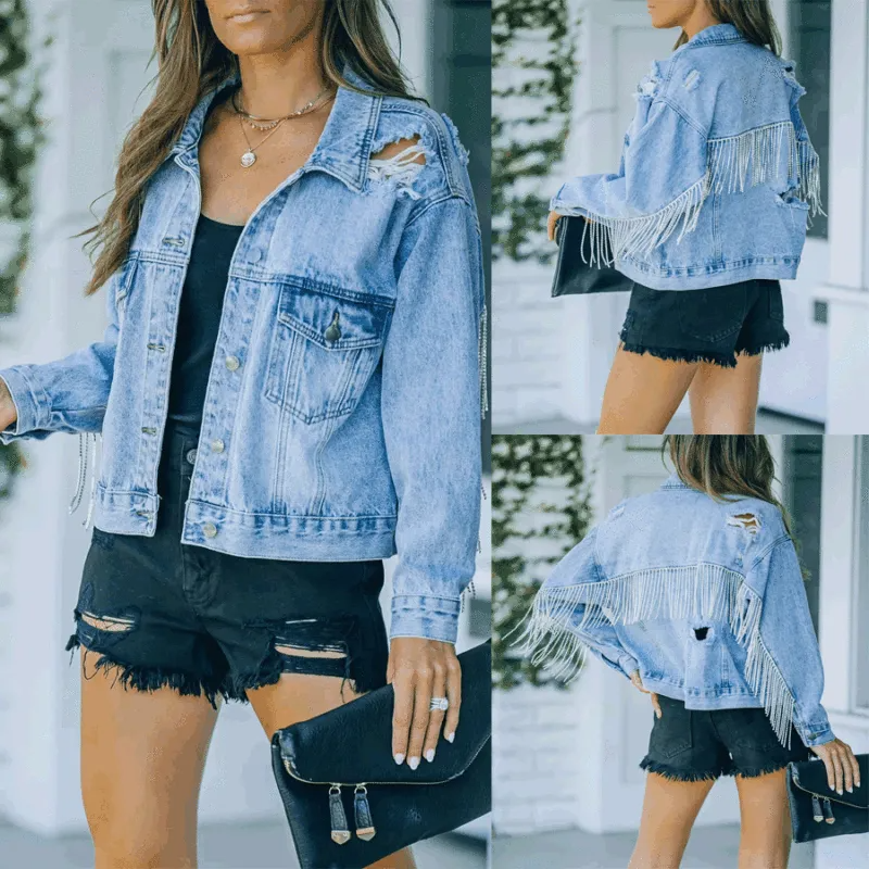Glitz Rhinestone Fringe Distressed Long Sleeve Denim Jacket Castello Clothing Line