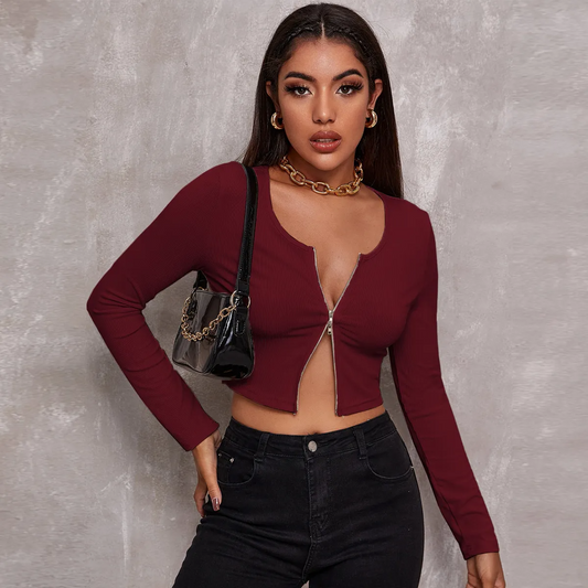 Quiver Zip Front Ribbed Cropped Long Sleeve Top Castello Clothing Line