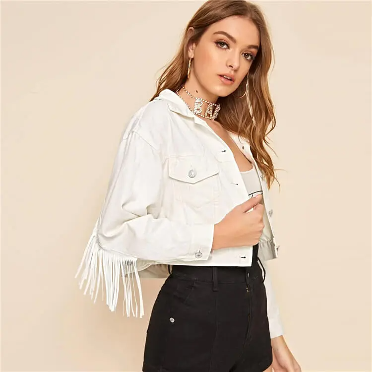 Jive Fringed Cropped Button-Up Denim Jacket Castello Clothing Line