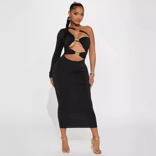 Rena Cutout One-Sleeve Metal Accent Midi Dress midi dress Castello Clothing Line