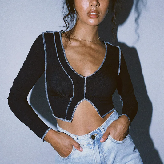 Stitch It Up Long Sleeve V-Neck Crop Top  Castello Clothing Line   
