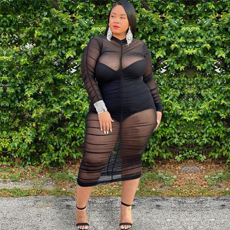Black Low Cut Bodysuit & Ruched Sheer Midi Dress Set  Castello Clothing Line   