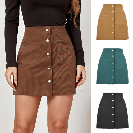 High Waist Corduroy Mini Skirt | Front Button Up & Pocket Detailed | Corduroy/Cotton/Polyester Blend  Castello Clothing Line   