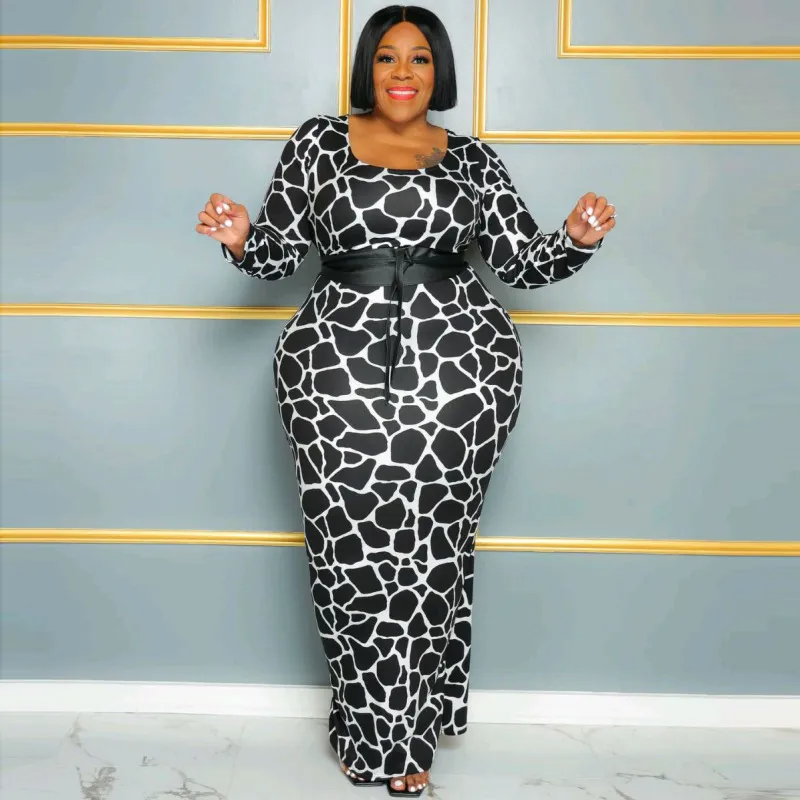 Jovita Plus Size Long Sleeve Animal Print Bodycon Maxi Dress maxi dress Castello Clothing Line