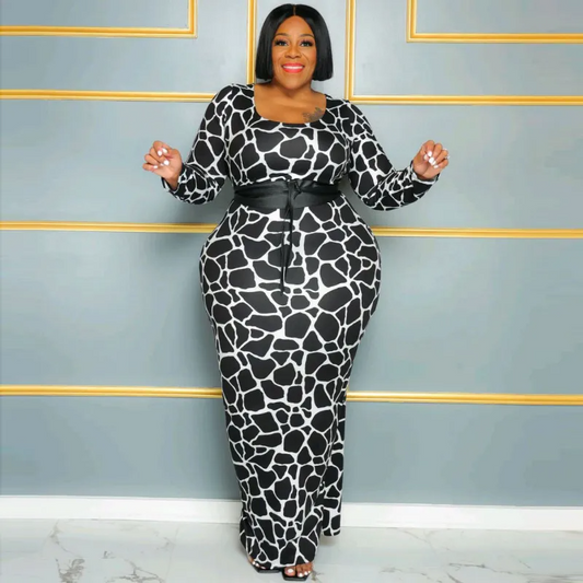 Jovita Plus Size Long Sleeve Animal Print Bodycon Maxi Dress maxi dress Castello Clothing Line