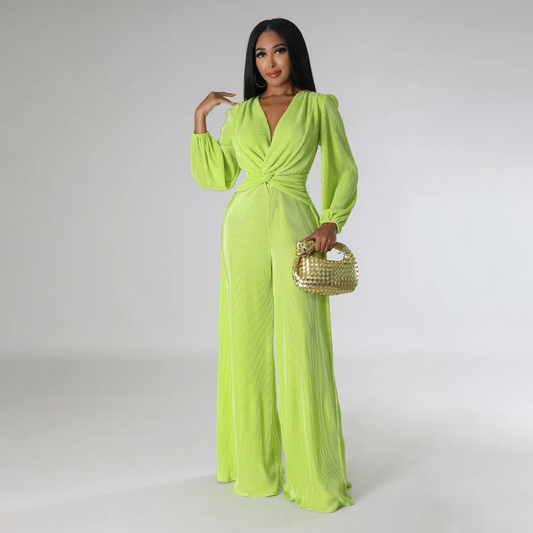 Addy Long Sleeve Plisse Twist Front Wide Leg Jumpsuit women jumpsuits Castello Clothing Line