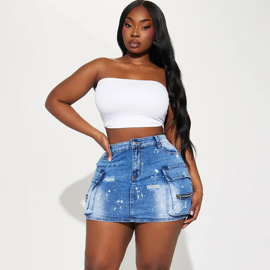 Urban Vibes Distressed Cargo Denim Mini Skirt  Castello Clothing Line   