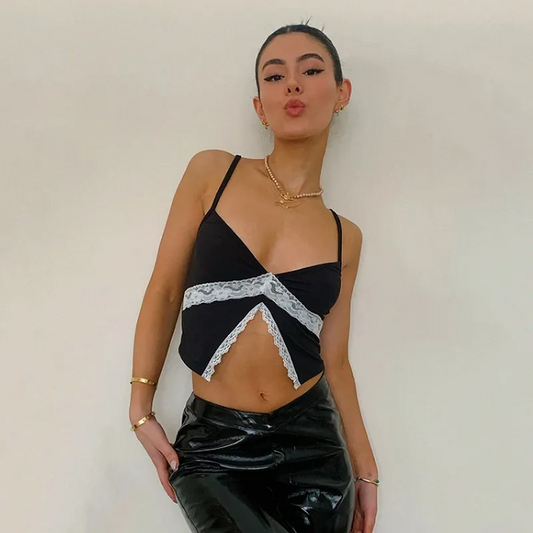 Evia Lace Trim Spaghetti Strap Crop Top Castello Clothing Line