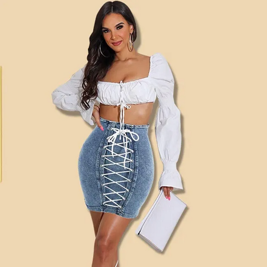 All Laced Up High-Waist Denim Bodycon Skirt  Castello Clothing Line   