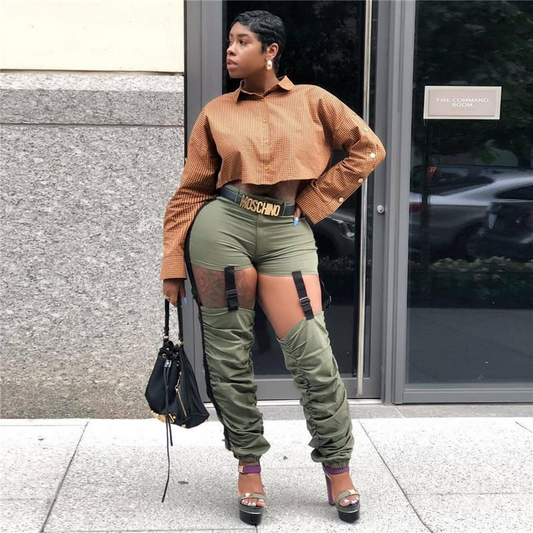 Kiana Cutout Buckle Strap Convertible Ruched Pants Castello Clothing Line