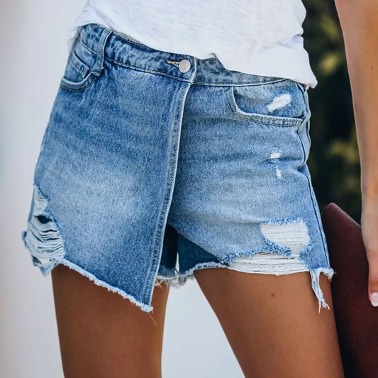 Storm High-Rise Distressed Asymmetrical Denim Skort  Castello Clothing Line   